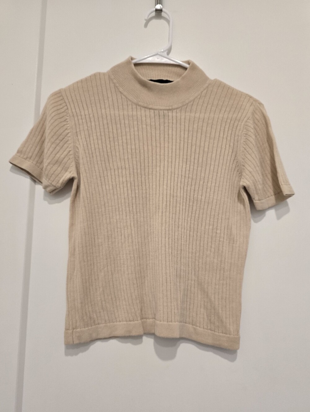 August Silk 100% Silk - Cream Short Sleeve Ribbed Mock Neck Sweater